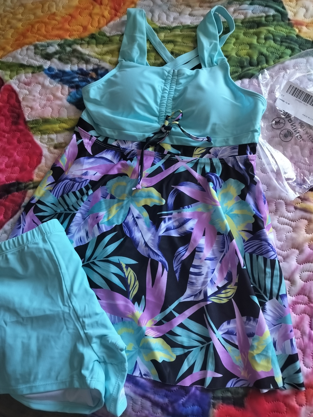 Women's' Aqua Tropical Print Swim Dress with Aqua Shorts